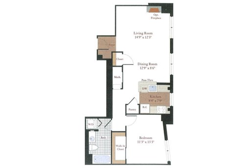 Floor plan for 1 bed, 1 bath, 779 sqft