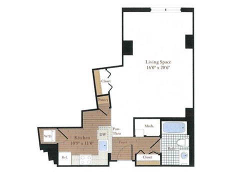 Floor plan for studio, 1 bath, 599 sqft