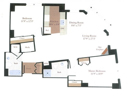 Floor plan for 2 beds, 2 baths, 1049 sqft