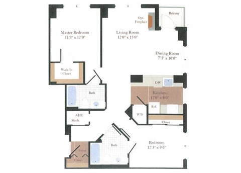 Floor plan for 2 beds, 2 baths, 985 sqft