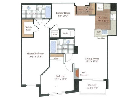 Floor plan for 2 beds, 2 baths, 1019 sqft