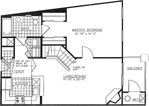 Floor plan for 1 bed, 1 bath, 939 sqft