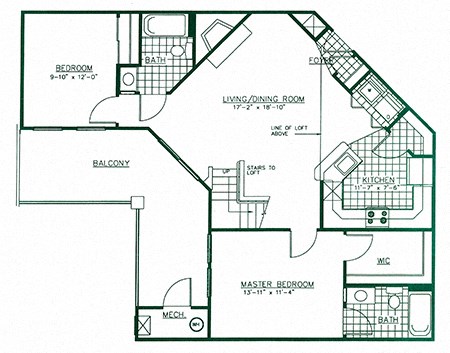 Floor plan for 2 beds, 2 baths, 1216 sqft