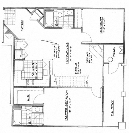 Floor plan for 2 beds, 2 baths, 1050 sqft