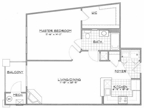 Floor plan for 1 bed, 1 bath, 806 sqft