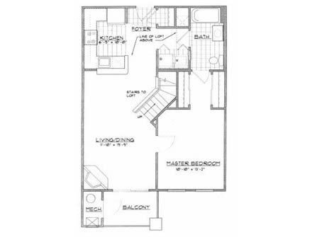 Floor plan for 1 bed, 1 bath, 886 sqft