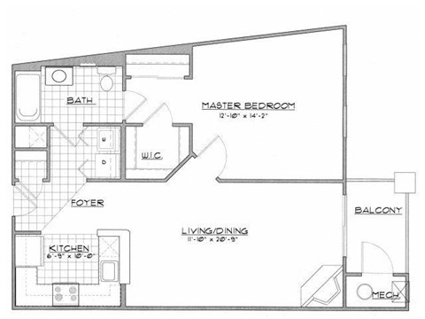 Floor plan for 1 bed, 1 bath, 818 sqft