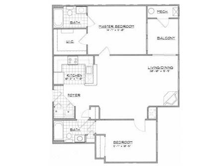 Floor plan for 2 beds, 2 baths, 1140 sqft