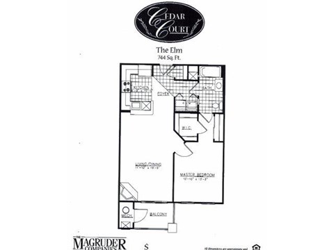 Floor plan for 1 bed, 1 bath, 744 sqft