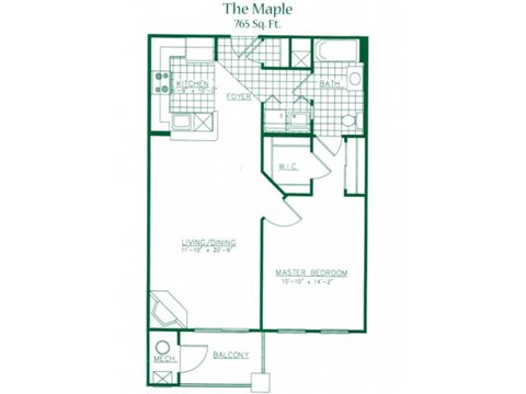 Floor plan for 1 bed, 1 bath, 765 sqft