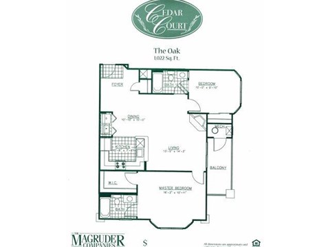 Floor plan for 2 beds, 2 baths, 1022 sqft