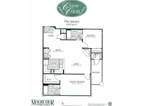 Floor plan for 2 beds, 2 baths, 1022 sqft