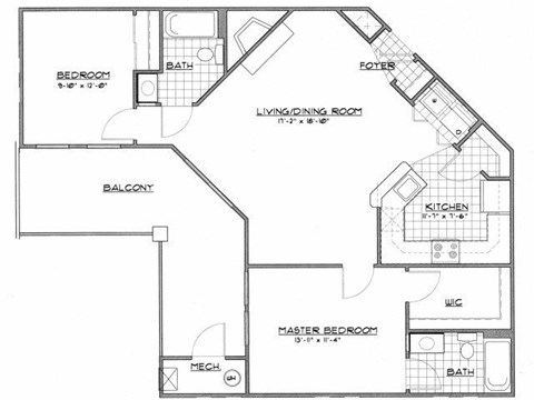 Floor plan for 2 beds, 2 baths, 1057 sqft