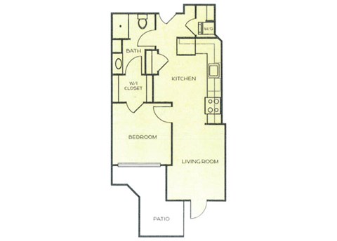 Floor plan for 1 bed, 1 bath, 556 sqft