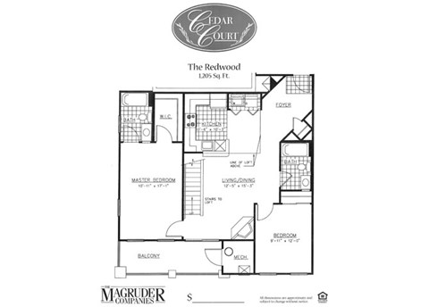 Floor plan for 2 beds, 2 baths, 1205 sqft