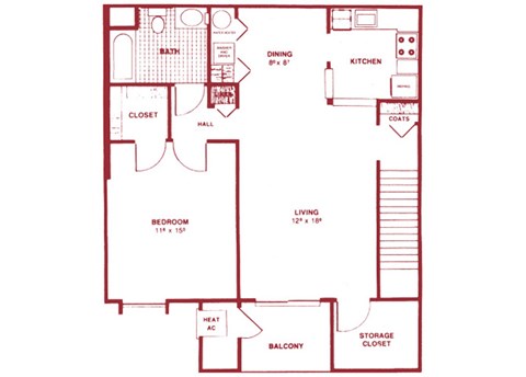 Floor plan for 1 bed, 1 bath, 950 sqft