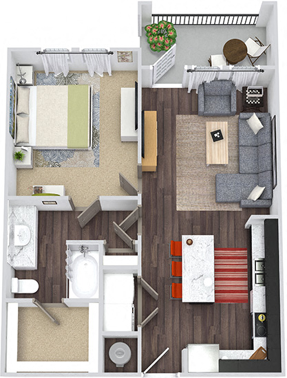 Floor plan for 1 bed, 1 bath, 743 sqft