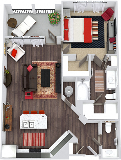 Floor plan for 1 bed, 1.5 baths, 799 sqft