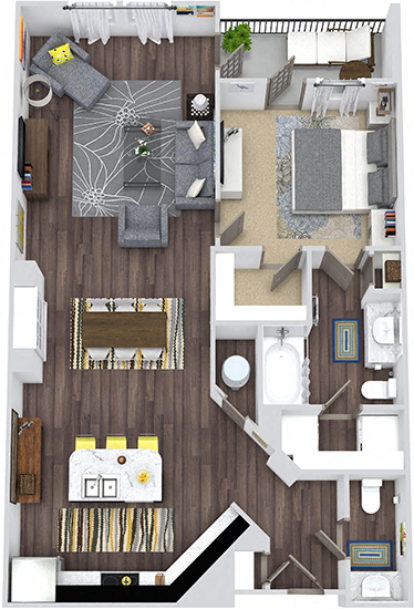Floor plan for 1 bed, 1.5 baths, 982 sqft