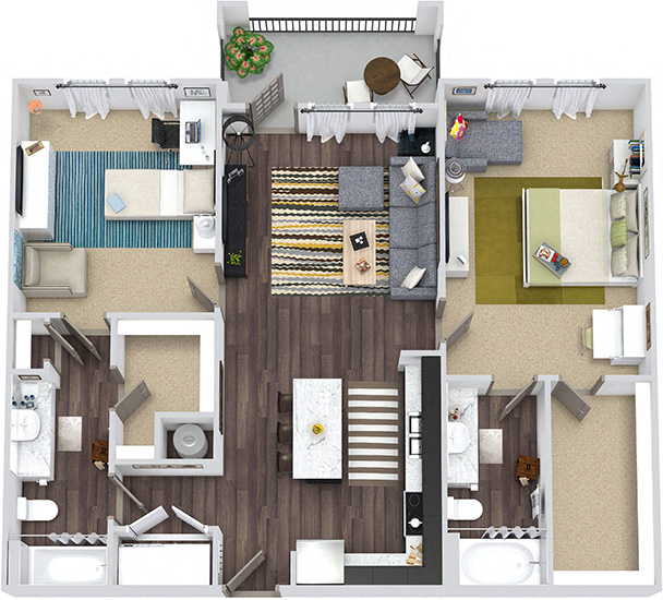 Floor plan for 2 beds, 2 baths, 1106 sqft