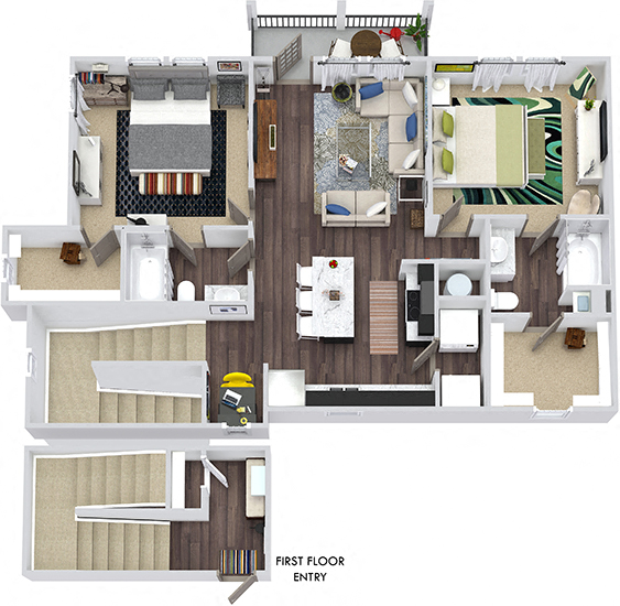 Floor plan for 2 beds, 2 baths, 1197 sqft