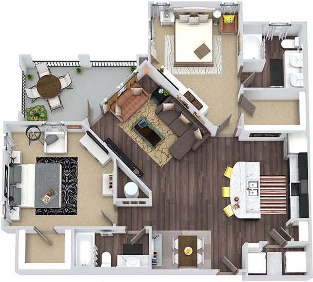 Floor plan for 2 beds, 2 baths, 1240 sqft