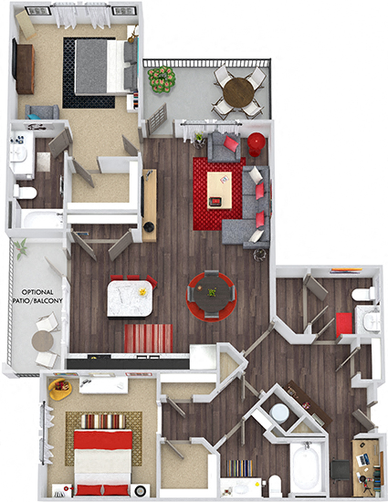 Floor plan for 2 beds, 2.5 baths, 1295 sqft