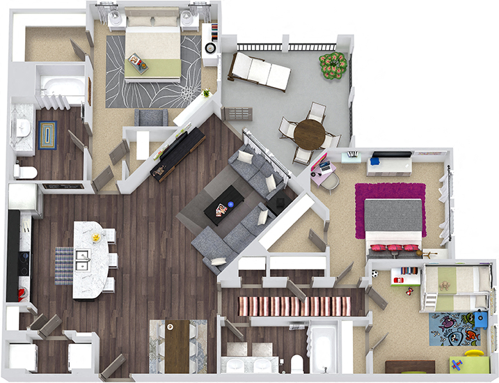 Floor plan for 3 beds, 2 baths, 1382 sqft