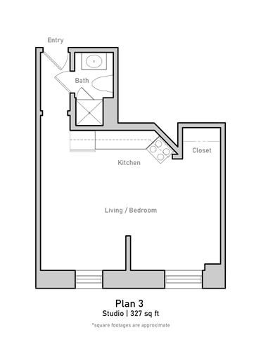 Floor plan for studio, 1 bath, 327 sqft
