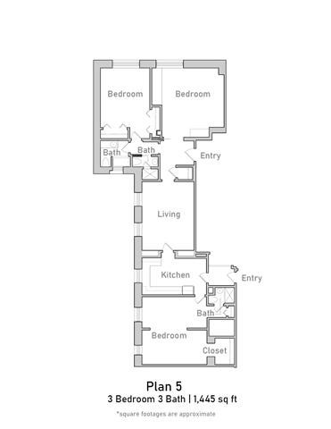 Floor plan for 3 beds, 3 baths, 1445 sqft