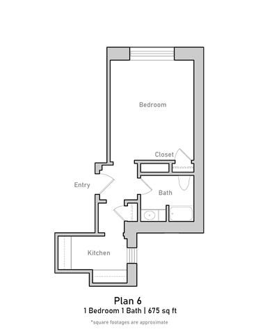 Floor plan for 1 bed, 1 bath, 675 sqft