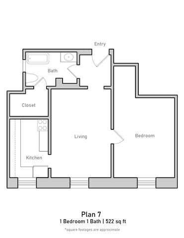 Floor plan for 1 bed, 1 bath, 770 sqft