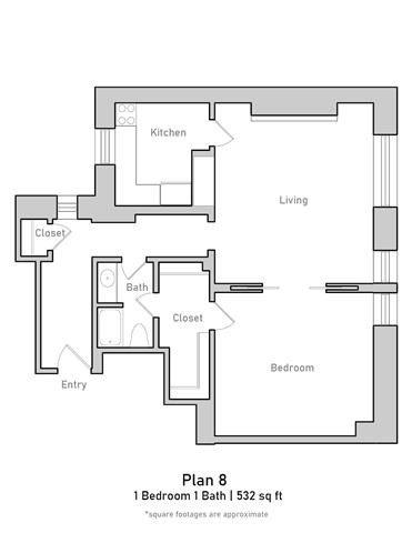 Floor plan for 1 bed, 1 bath, 532 sqft