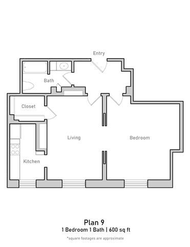 Floor plan for 1 bed, 1 bath, 566 sqft