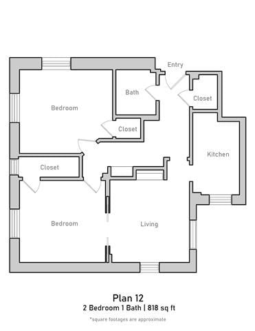 Floor plan for 2 beds, 1 bath, 794 sqft