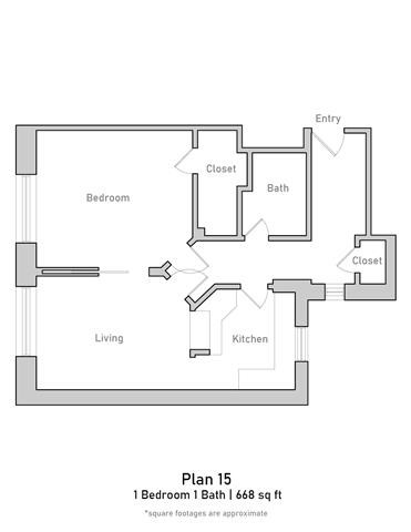 Floor plan for 1 bed, 1 bath, 657 sqft