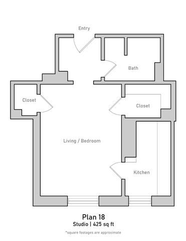 Floor plan for studio, 1 bath, 400 sqft