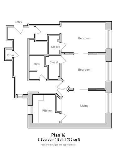 Floor plan for 2 beds, 1 bath, 1111 sqft
