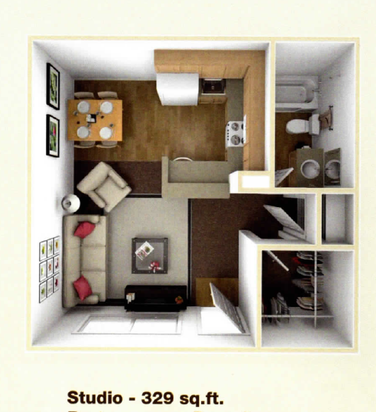 Floor plan for studio, 1 bath, 329 sqft