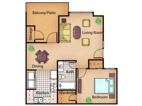 Floor plan for 1 bed, 1 bath, 670 sqft