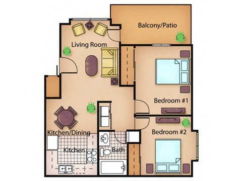 Floor plan for 2 beds, 1 bath, 770 sqft