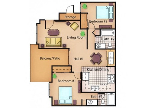 Floor plan for 2 beds, 2 baths, 905 sqft