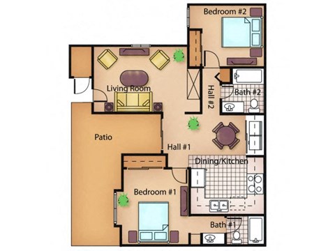 Floor plan for 2 beds, 2 baths, 905 sqft