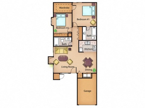 Floor plan for 2 beds, 2 baths, 1150 sqft