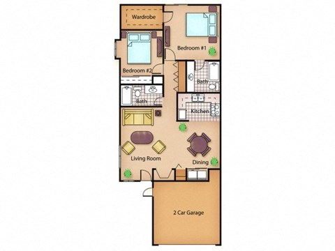 Floor plan for 2 beds, 2 baths, 1350 sqft