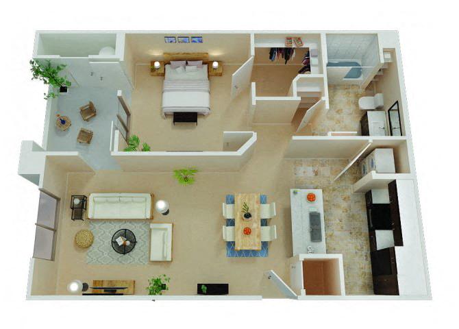 Floor plan for 1 bed, 1 bath, 770 sqft