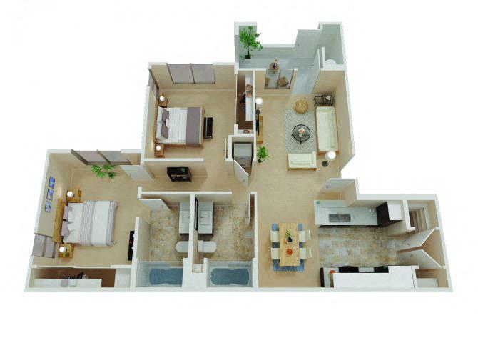 Floor plan for 2 beds, 2 baths, 960 sqft