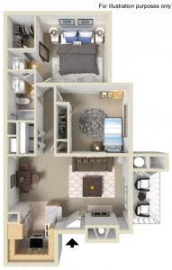 Floor plan for 2 beds, 1 bath, 870 sqft