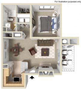 Floor plan for 1 bed, 1 bath, 642 sqft