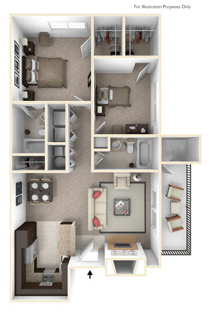 Floor plan for 2 beds, 2 baths, 934 sqft